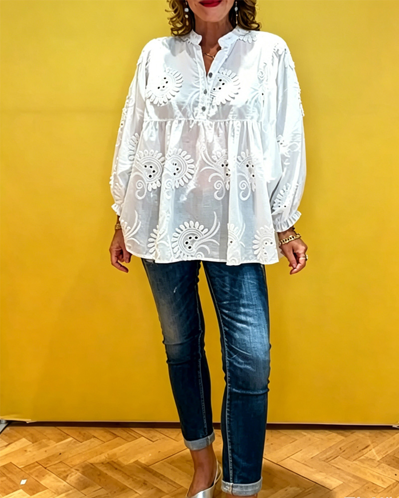 Casual V-neck 3D Printed Hollow-Out Design Top