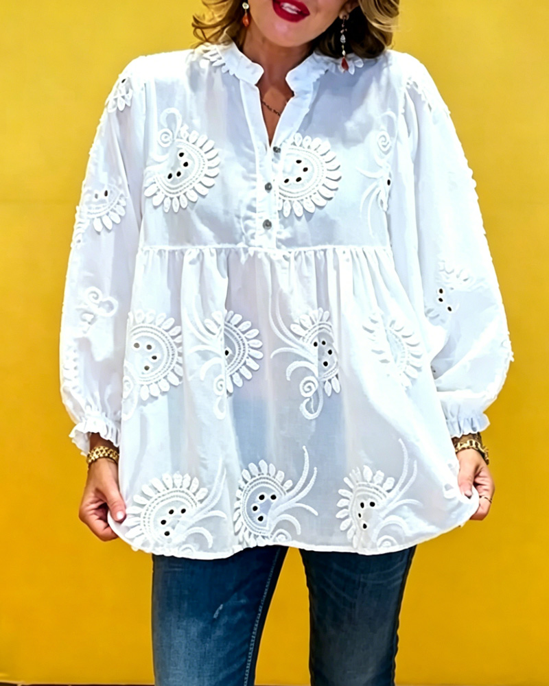 Casual V-neck 3D Printed Hollow-Out Design Top
