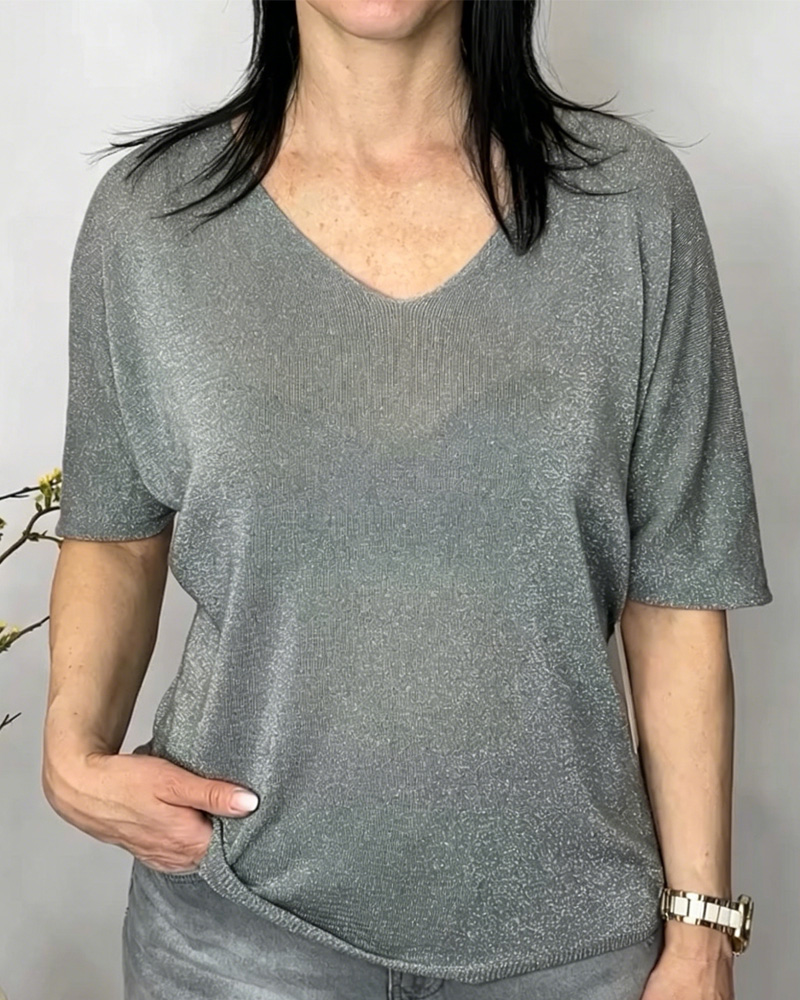 Casual V-Neck Sequins Short-Sleeve T-Shirt