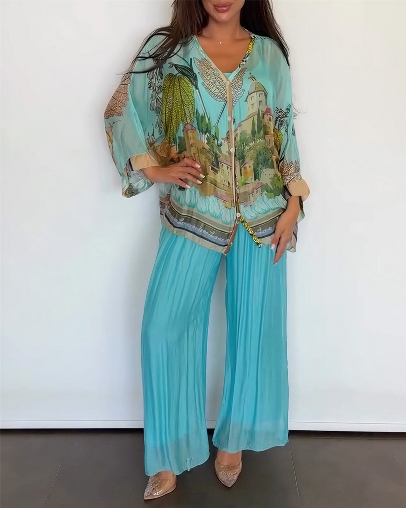 Casual Printed Shirt And Solid Color Trousers Two-Piece Set