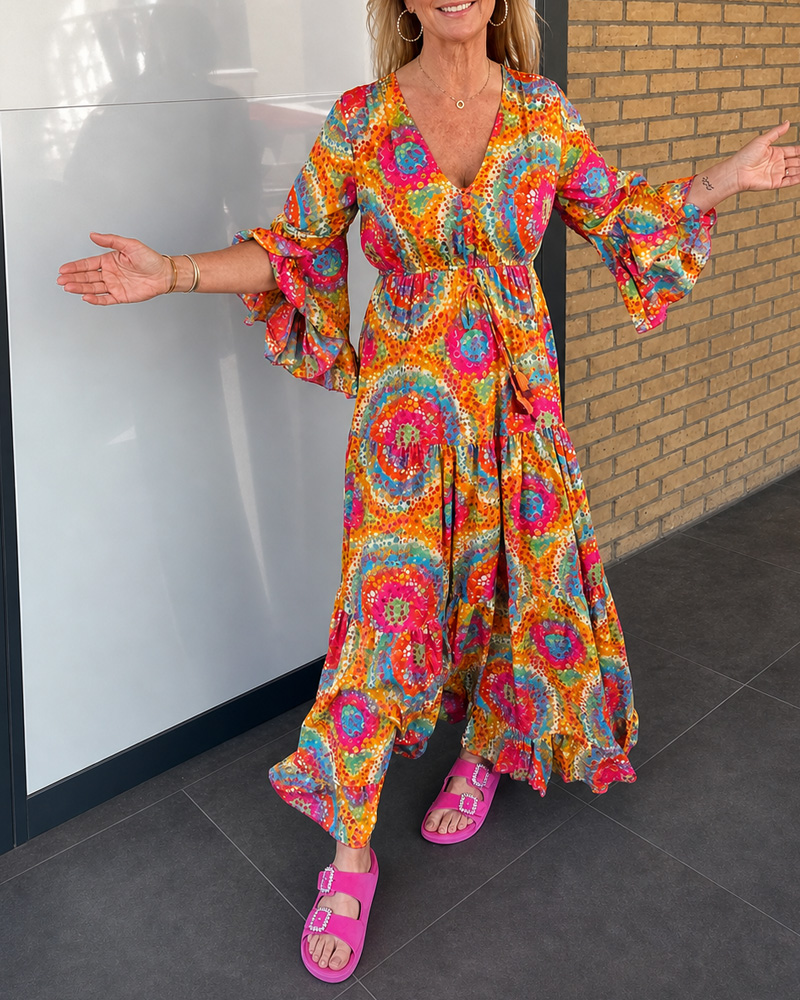 Casual Bohemian Printed V-neck Dress