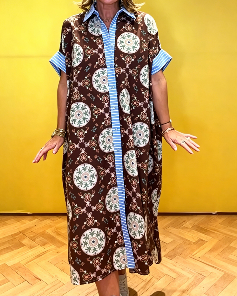 Casual Printed Color-Blocked Long Shirt Dress