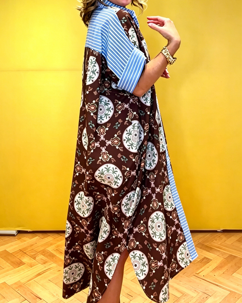 Casual Printed Color-Blocked Long Shirt Dress