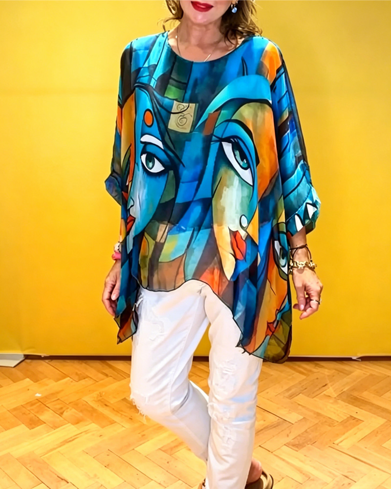 Casual Chiffon Abstract Print Irregular Top