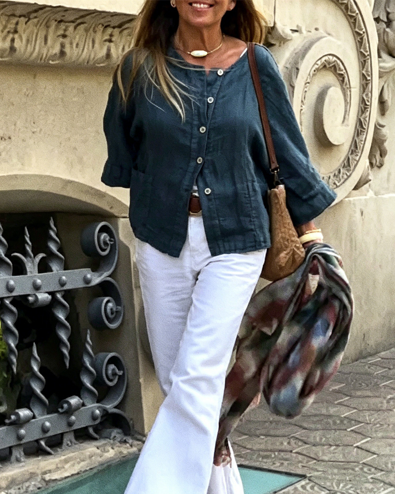 Casual Linen Solid Color Button-Down Collarless Shirt