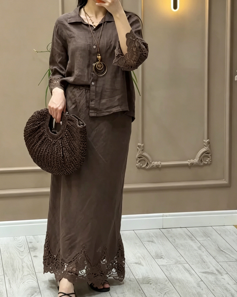Casual Linen Solid Color Lace Shirt and Skirt Two-Piece Set