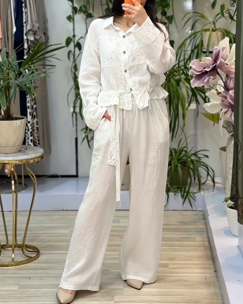 Casual Linen Lace Shirt and Pants Two-Piece Set