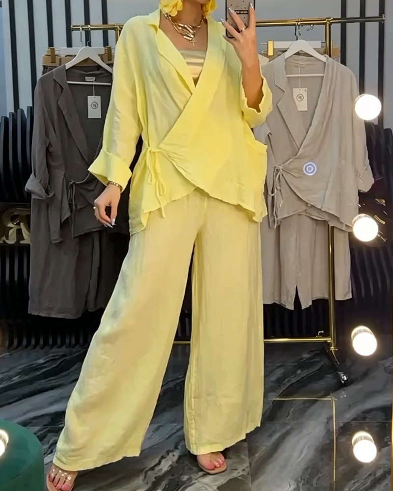 Casual Linen Lapel Lace-up Loose Two-Piece Set