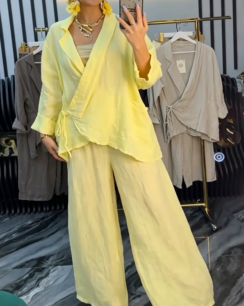 Casual Linen Lapel Lace-up Loose Two-Piece Set