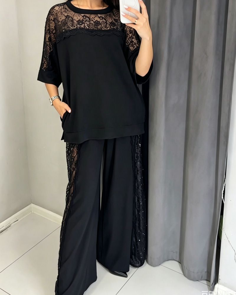 Casual Lace Sequin Cutout Two-Piece Set