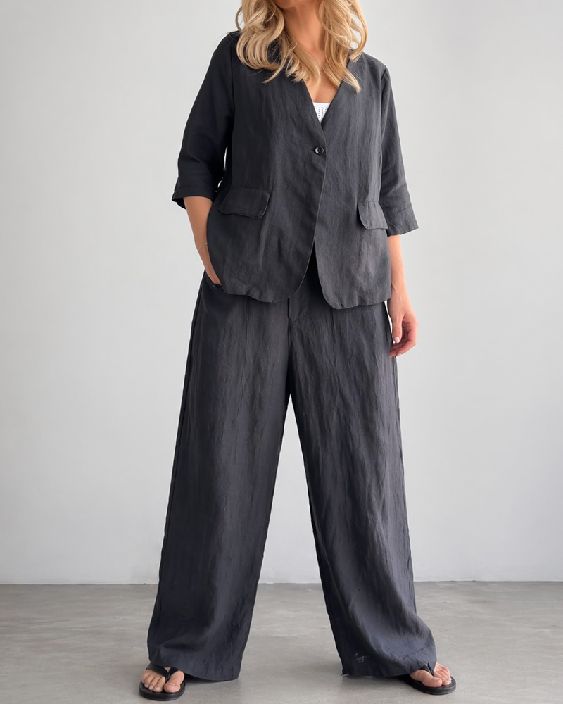 Casual Linen Single Button Looses Two-Piece Set