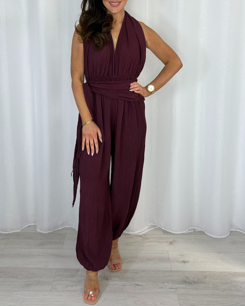 Women's Crinkle Shimmer Halter Neck Drape Detail Backless Jumpsuit