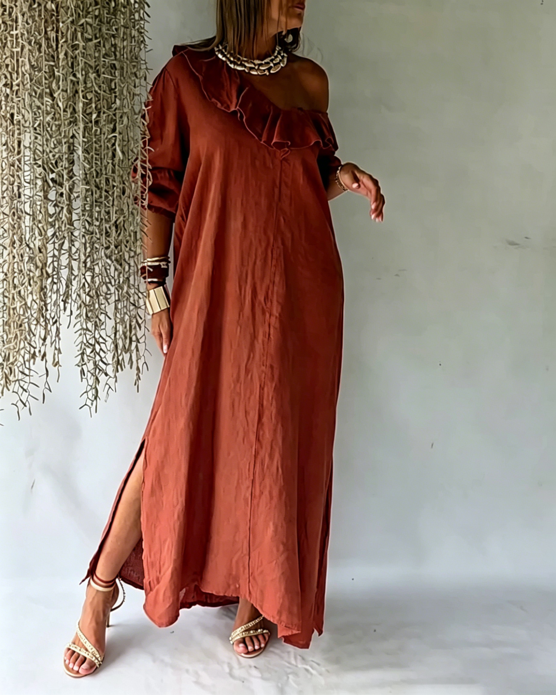 Casual Linen Off-Shoulder Loose Maxi Dress