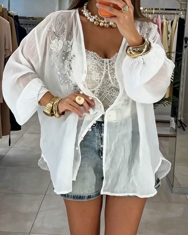 Women's Linen Sequin Pattern Shirt