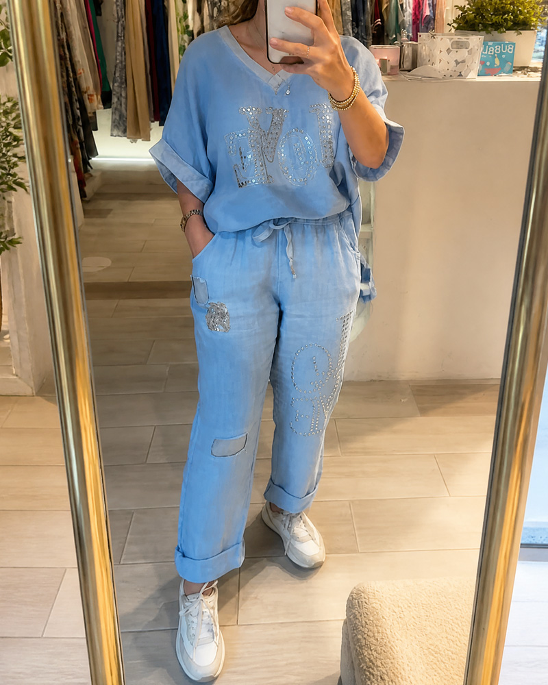 Women's Cotton and Linen Sequin Printed Two-Piece Set