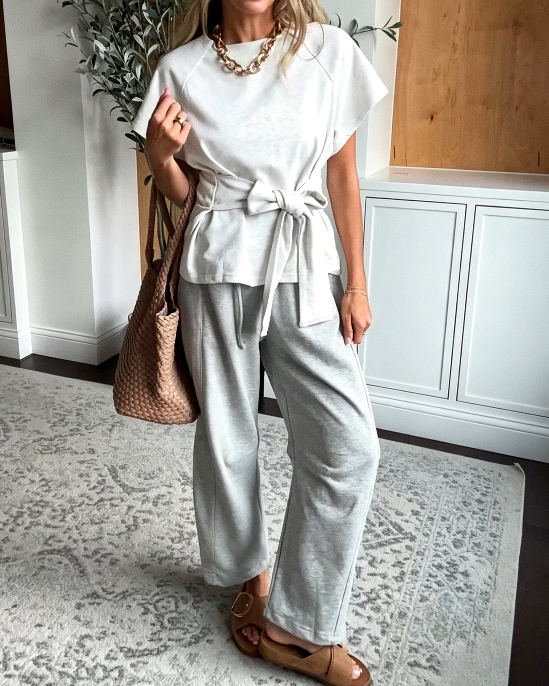 Women's Gray Knit 2-Piece Set - Tie Front Top and Drawstring Pants Outfit