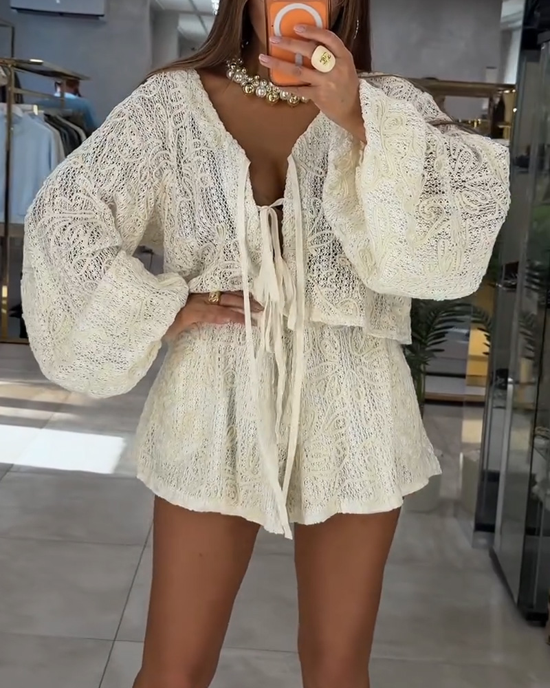 Women's Hollow Loose Long-Sleeved Shirts And Shorts Two-Piece Set