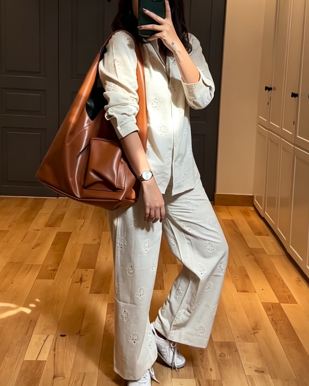 Women's Eyelet Embroidery Button-Down Shirt & Wide Leg Pants Loungewear Set