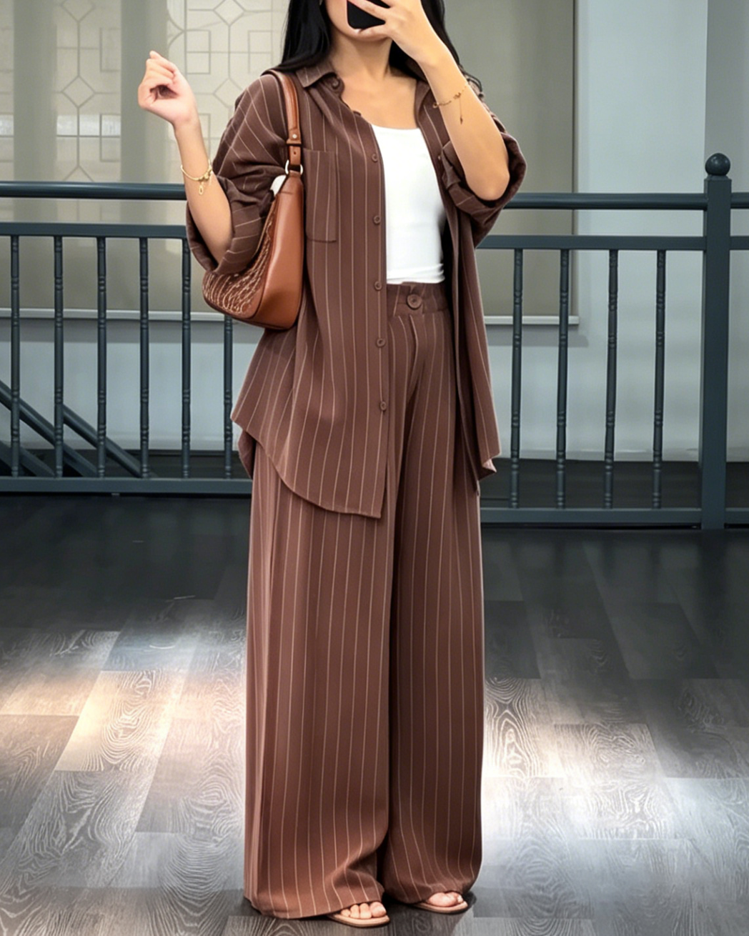 Women's Oversized Pinstripe Shirt & Wide Leg Pants Business Casual Set