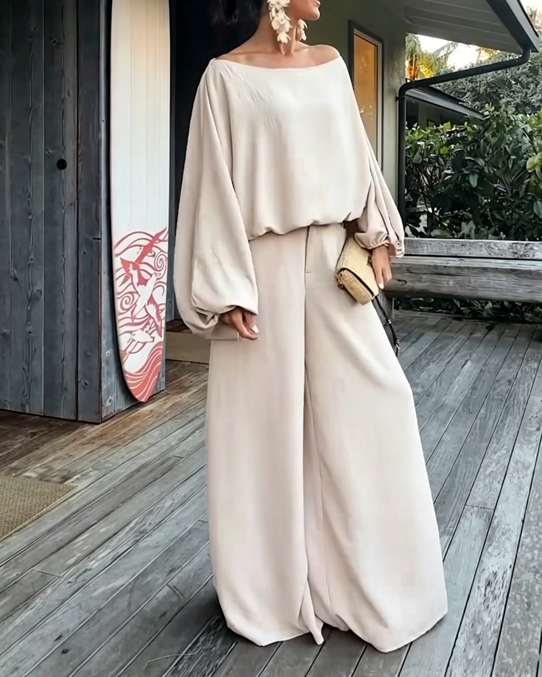 Women's Off-Shoulder Lantern Sleeve Top & Wide Leg Pants Flowy Set