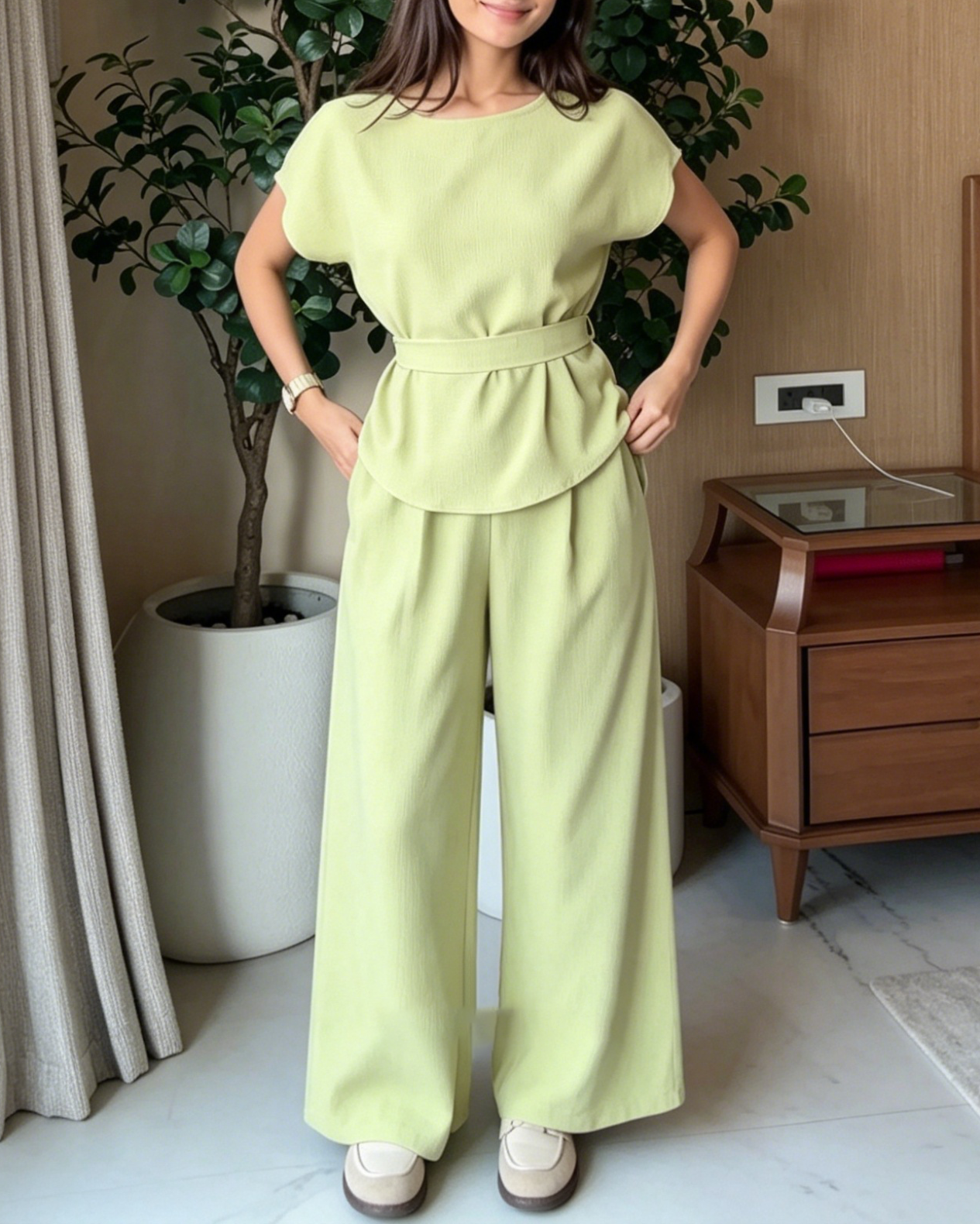Women's Belted Waist Blouse & Wide Leg Pants Elegant Two-Piece Set