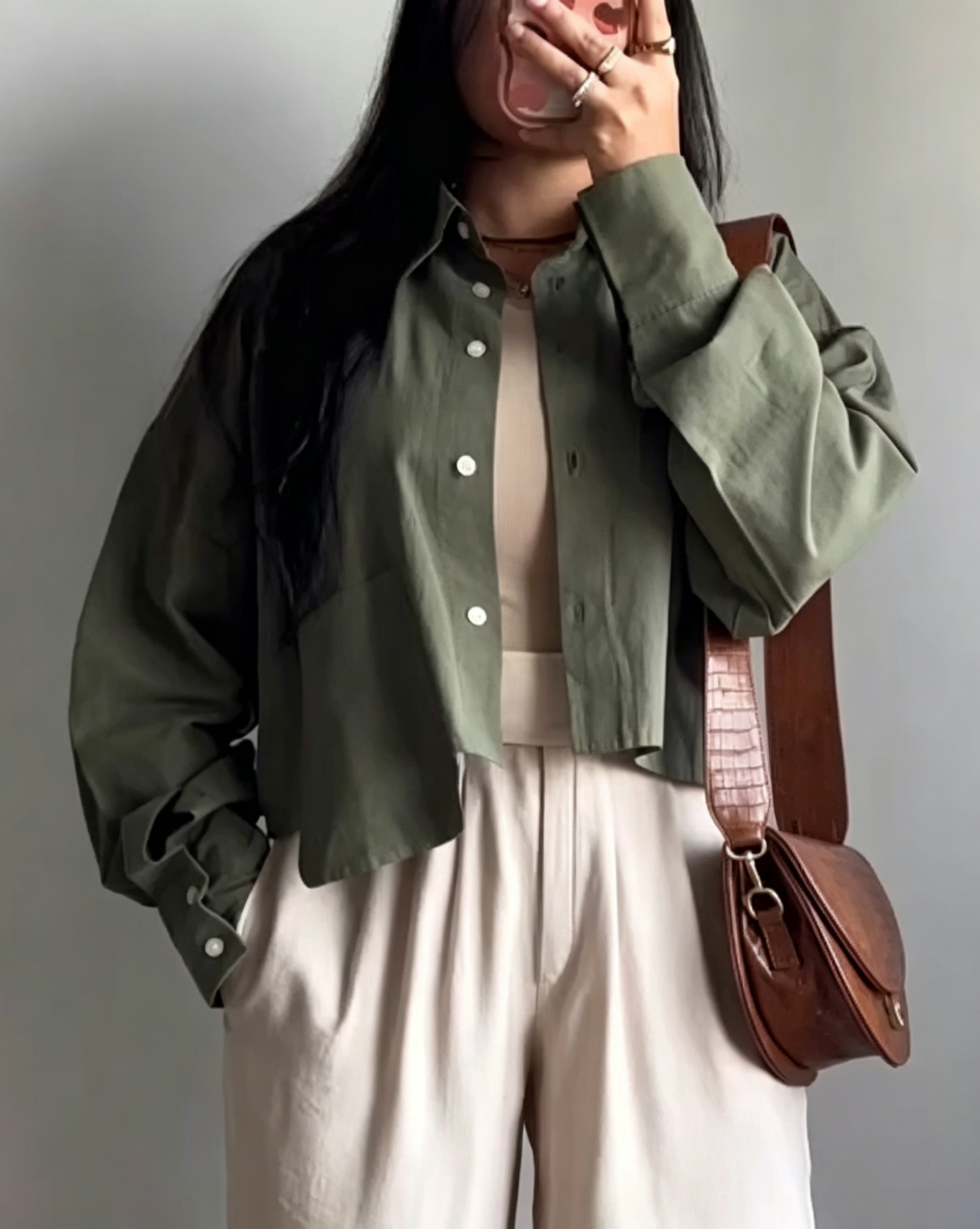 Women's Cropped Button-Down Long Sleeve Casual Linen Cotton Shirts Blouse