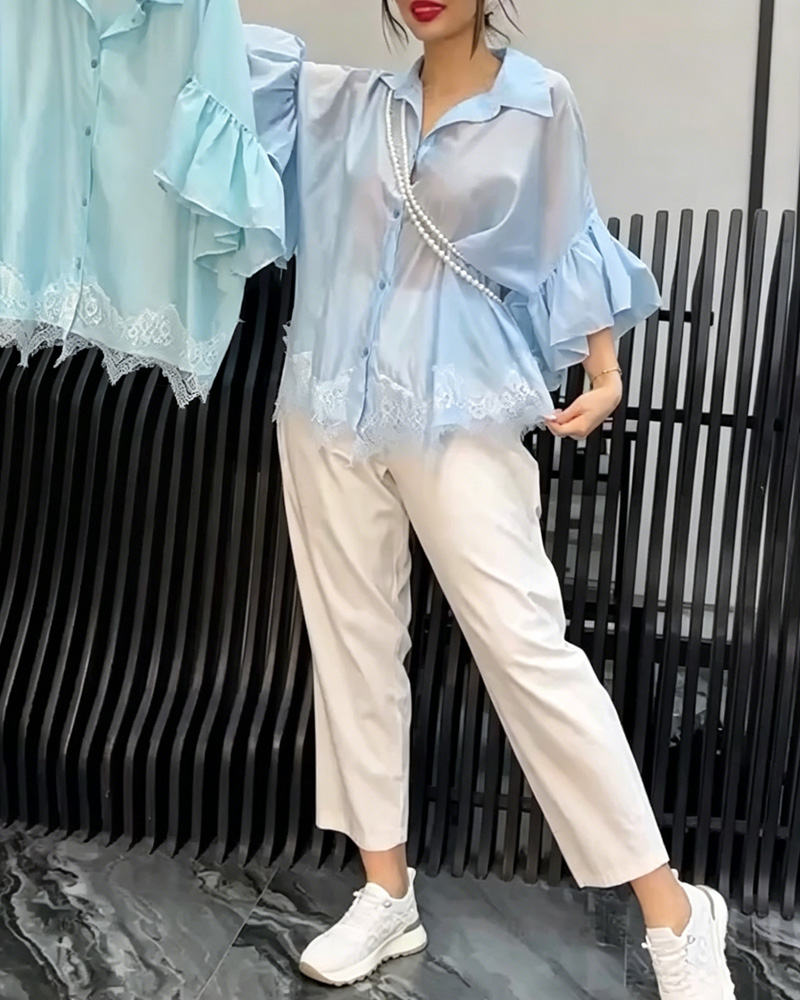 Women's Lace Hem And Ruffled Sleeve Shirts