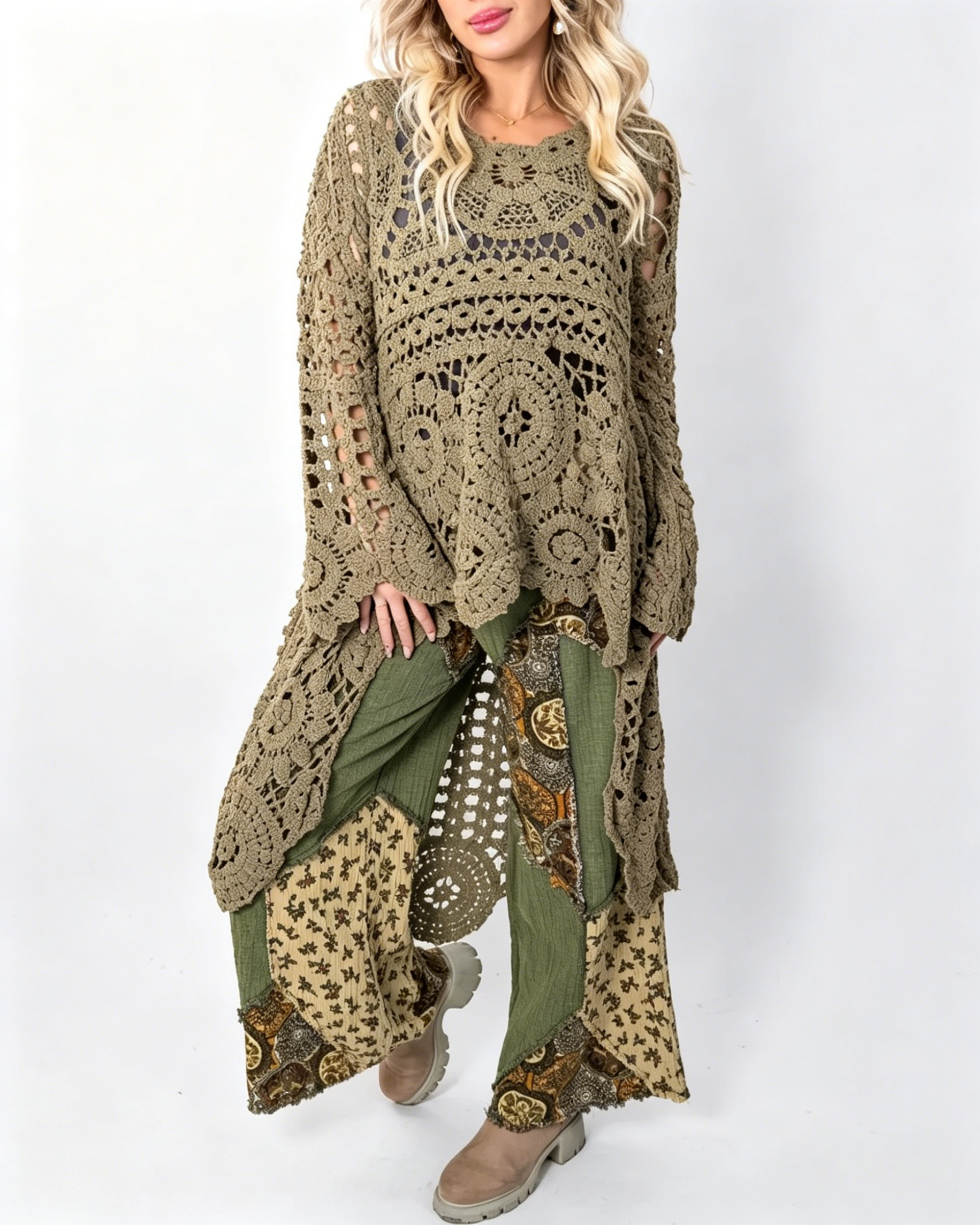 Women's Round Neck Printed Hollow Out Casual Long Top