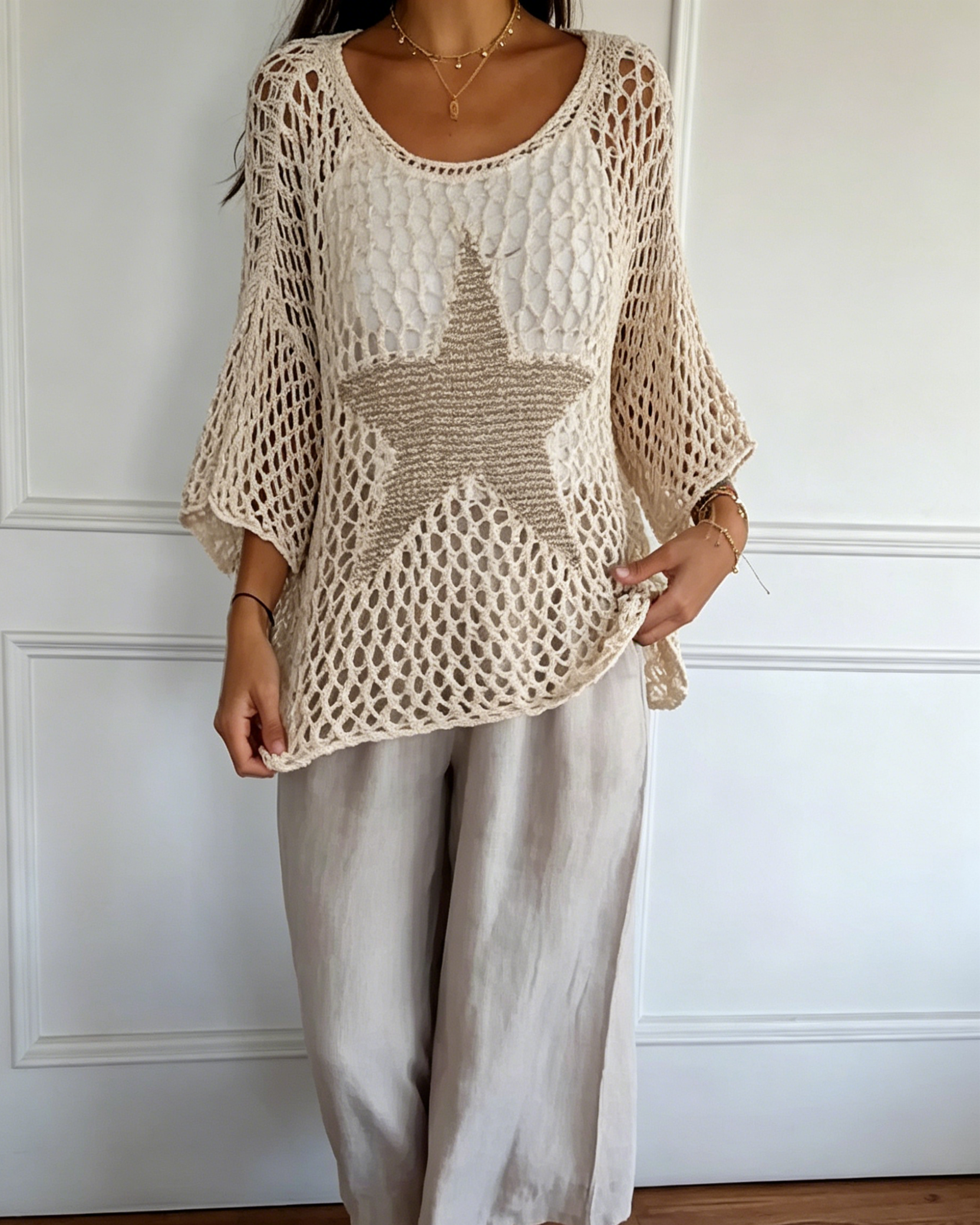 Women's Round Neck Patchwork Star Pattern Casual Hollow Cover Shirt