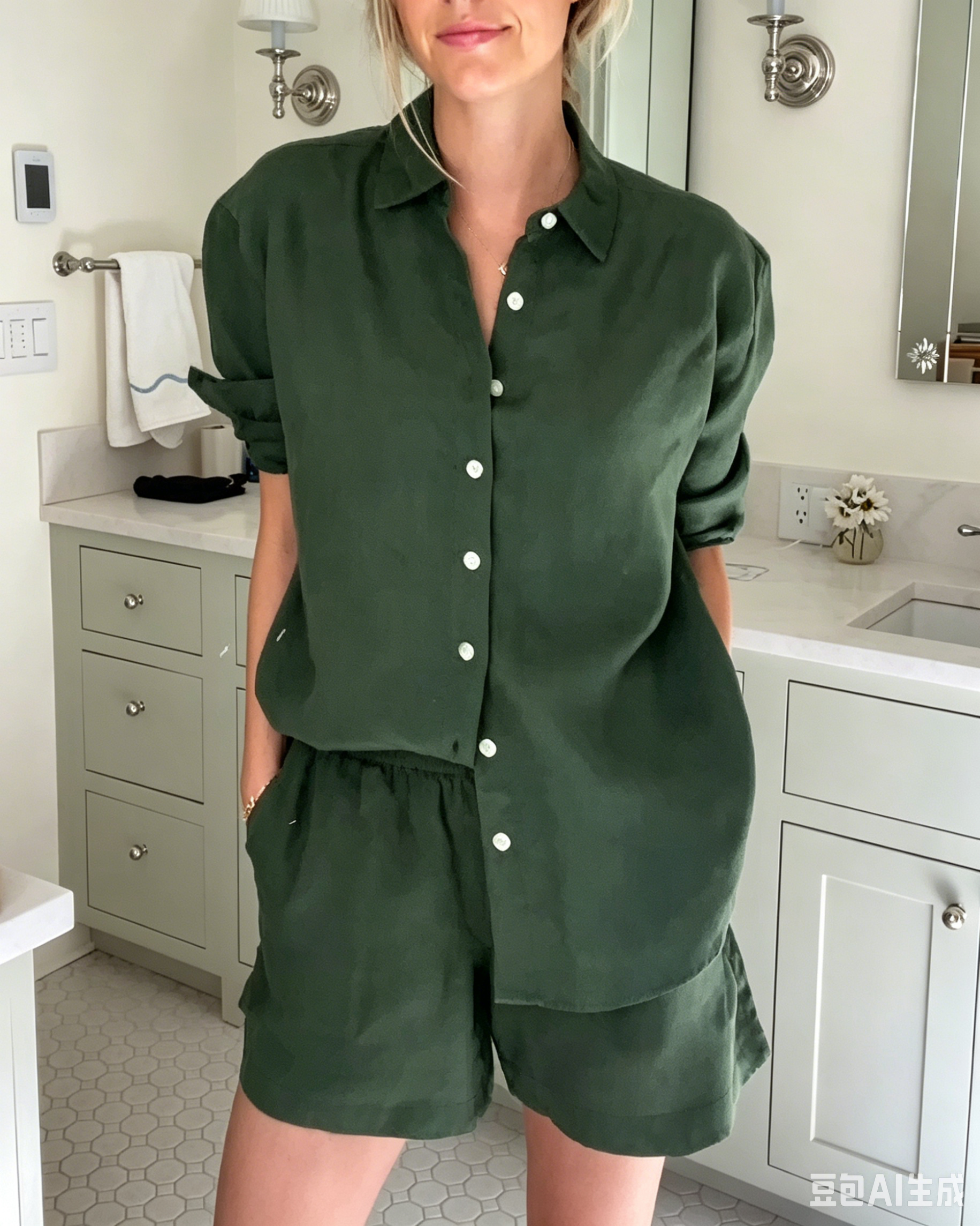 Women's Linen Blend Button Down Shirt & Elastic Waist Shorts Set