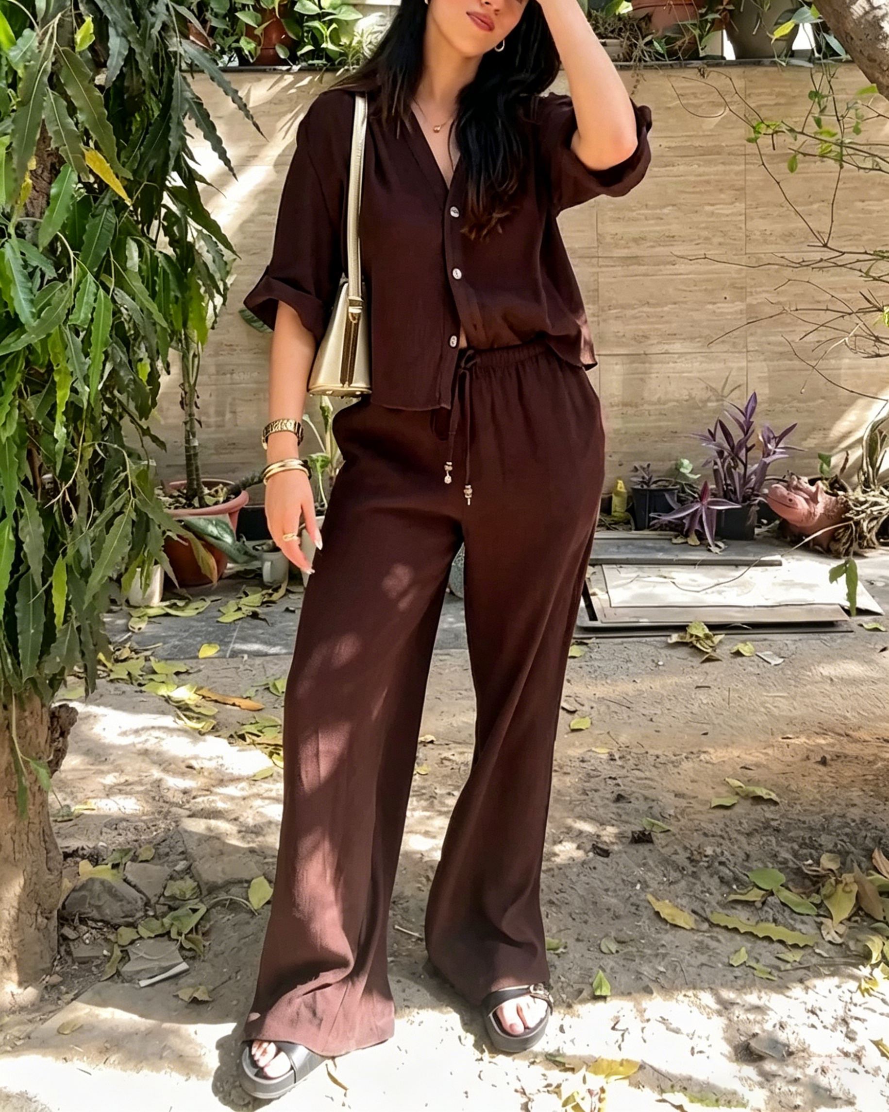 Women's Roll-Up Sleeve Crop Shirt & Drawstring Wide Leg Pants Set