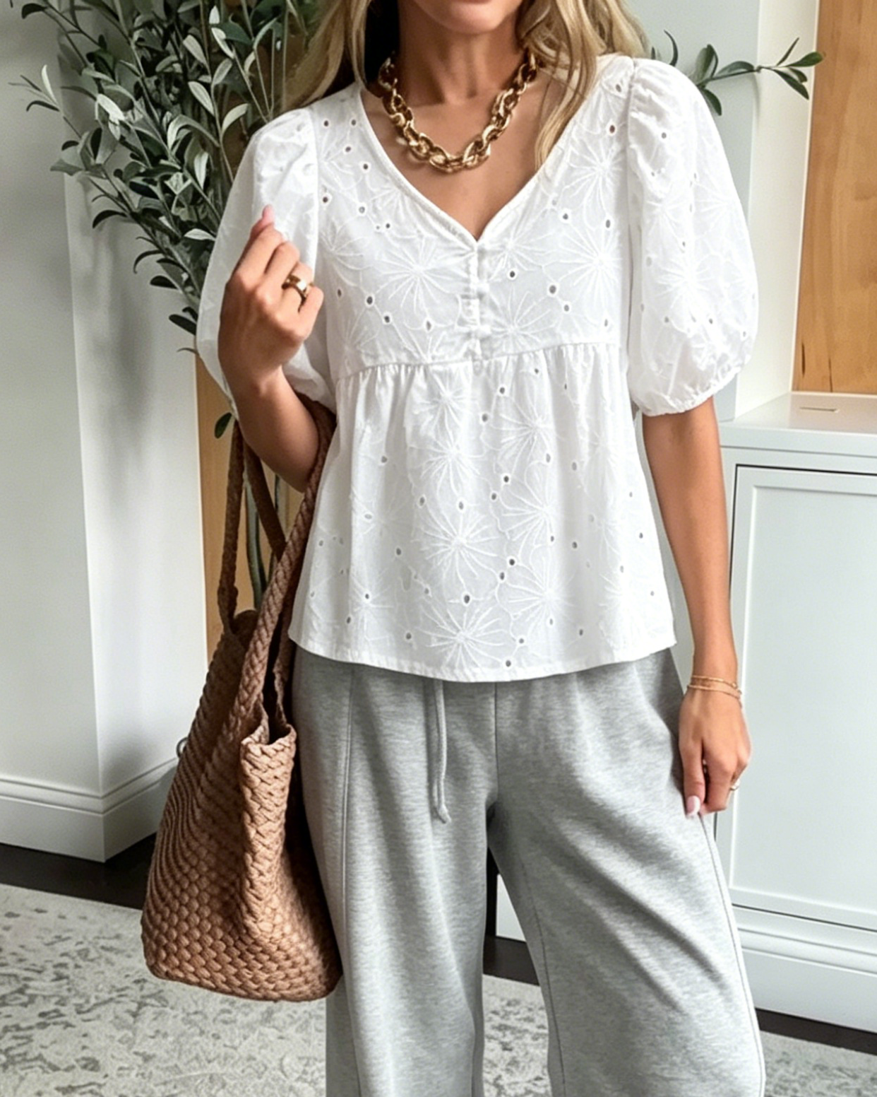Women's V-Neck Puff Sleeve Eyelet Embroidered Peplum Shirts