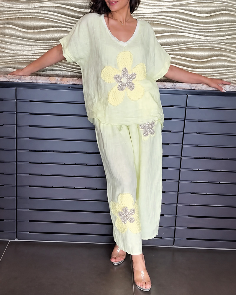 Women's Stylish Linen Top and Pants Two-Piece Set