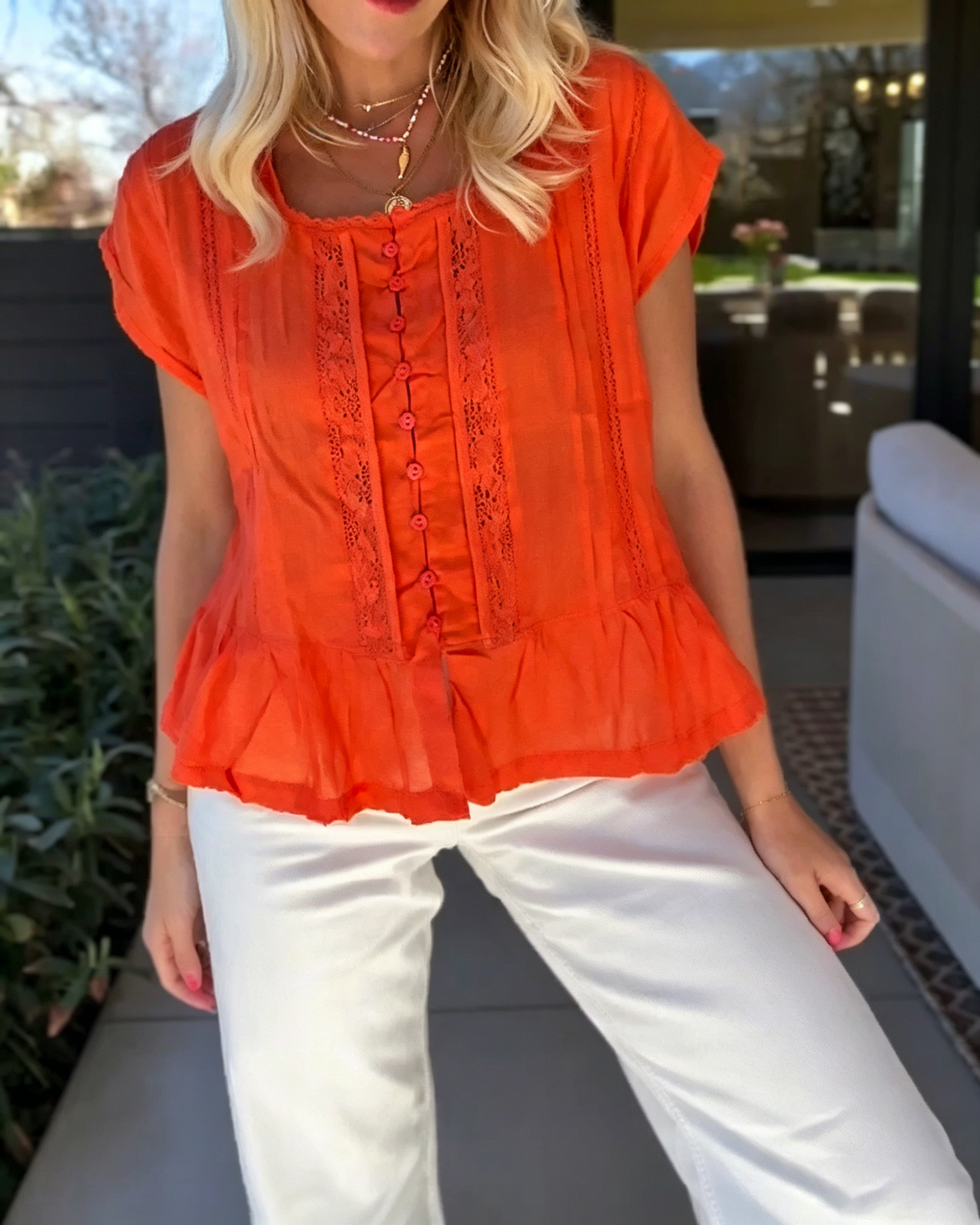Women's Lace Inset Button Front Ruffled Peplum Short Sleeve Casual Tops
