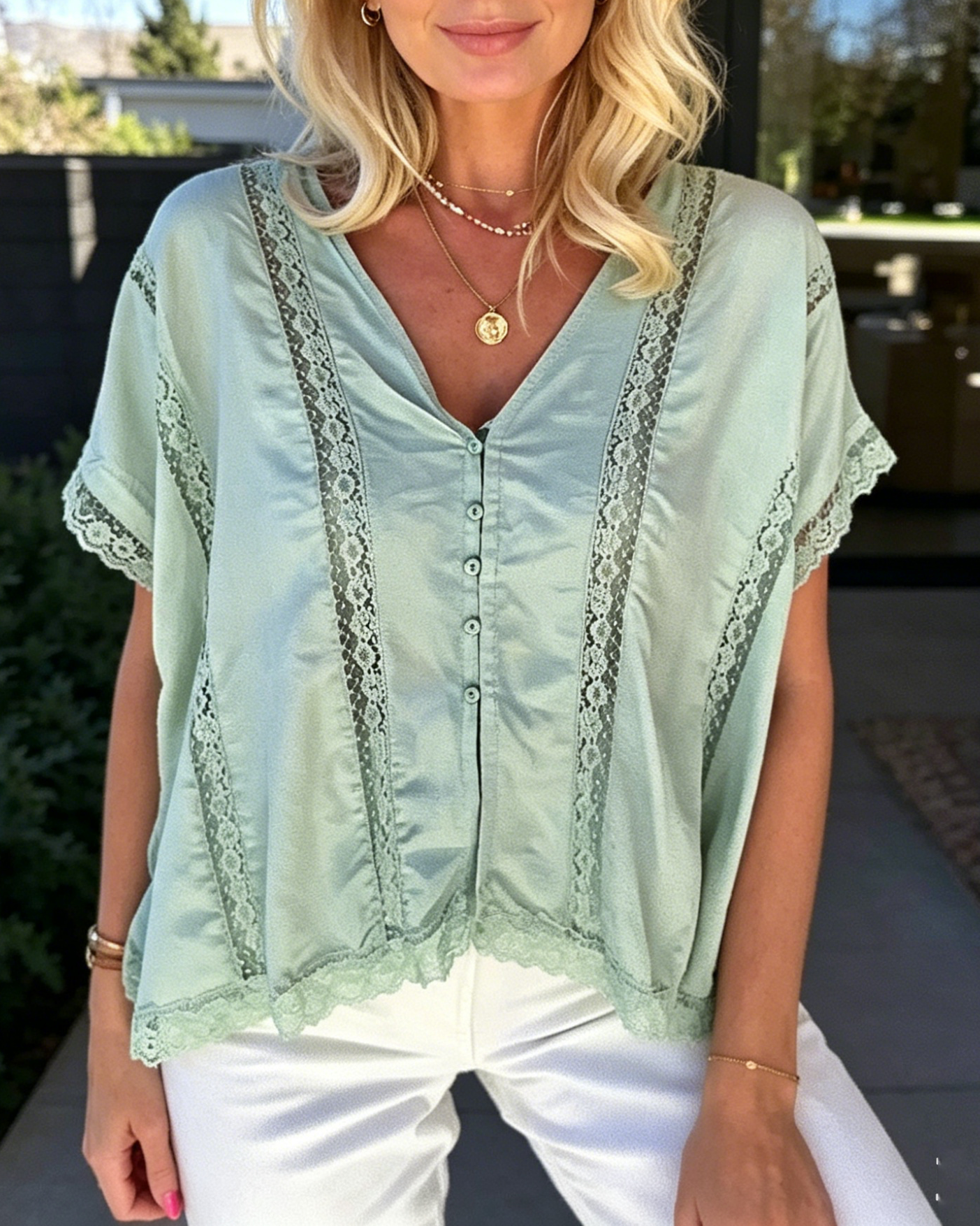 Women's V-Neck Lace Panel Batwing Sleeve Button Down Relaxed Tops