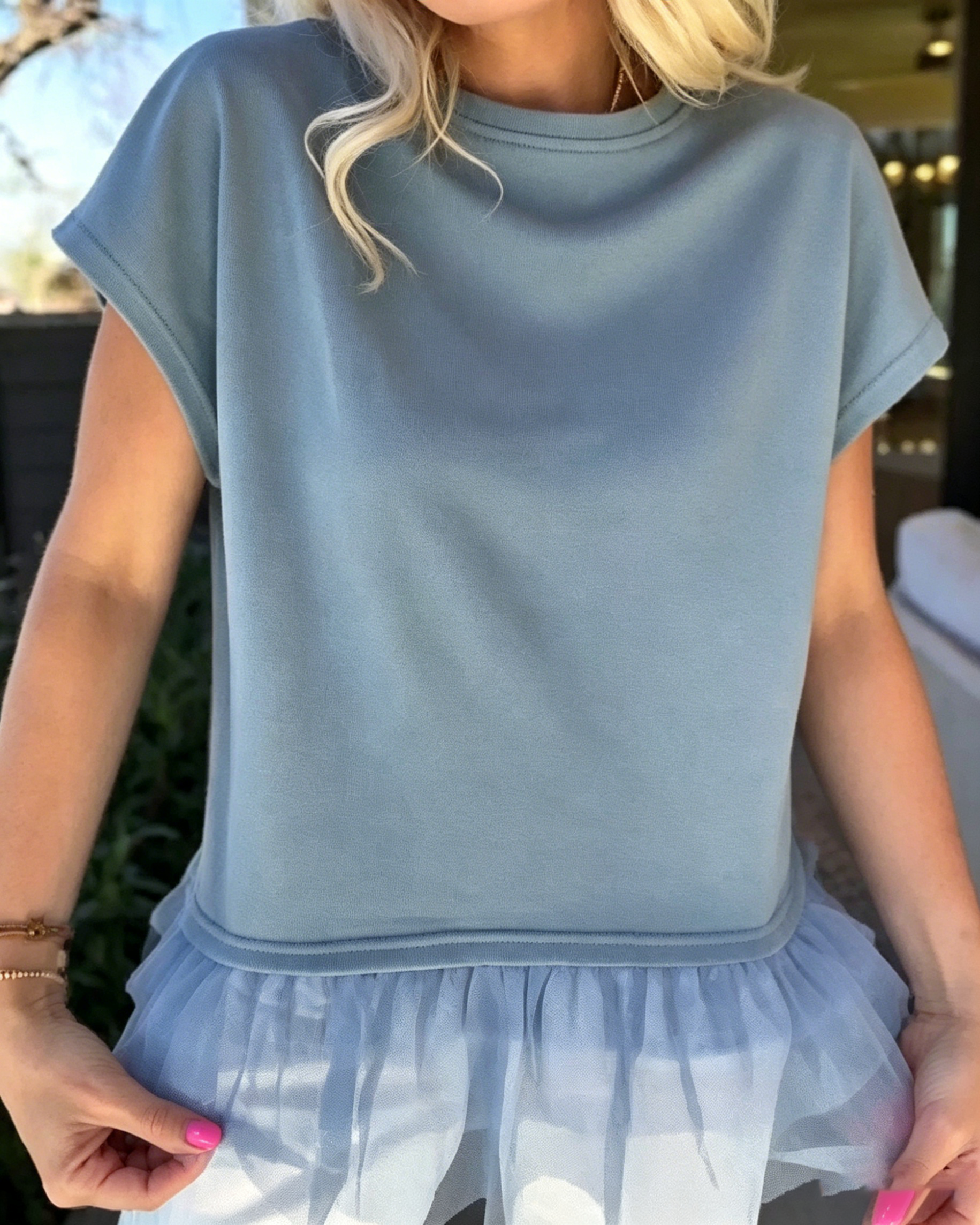 Women's Cap Sleeve Contrast Tulle Ruffle Hem Layered Look Casual Sweatshirt Tops