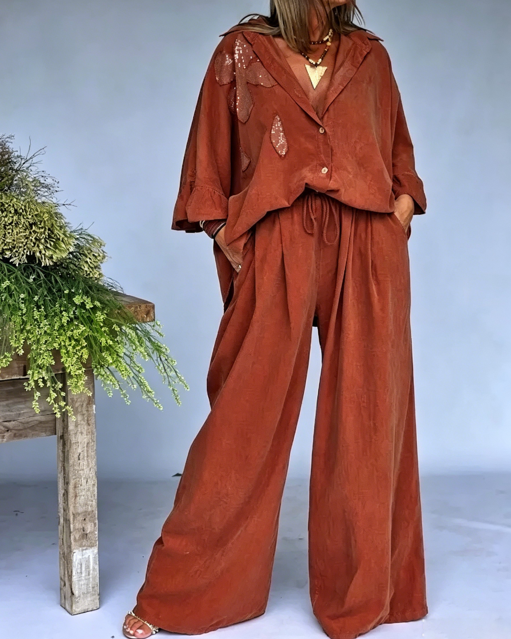 Women's Sequined Patch Oversized Shirt & Wide Leg Trousers Casual Loungewear Set