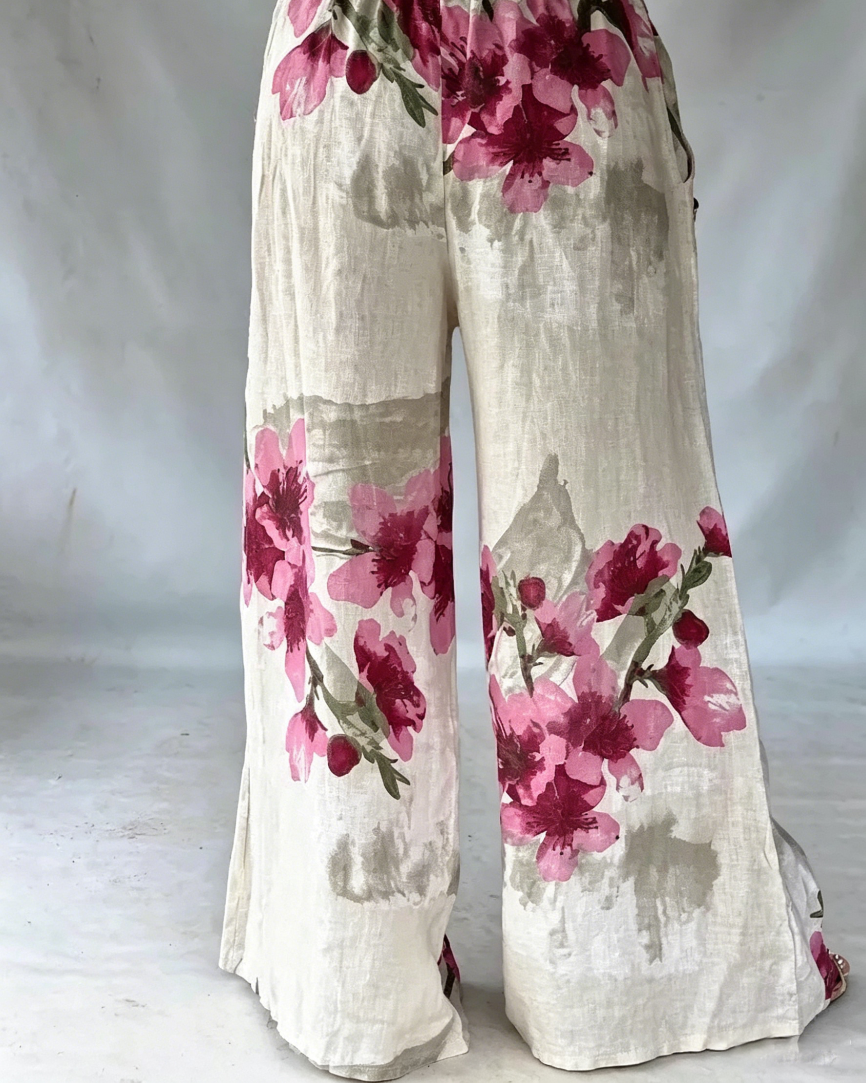 Women's Watercolor Floral Print Linen Blend Button Down Shirt & Elastic Waist Pants Set