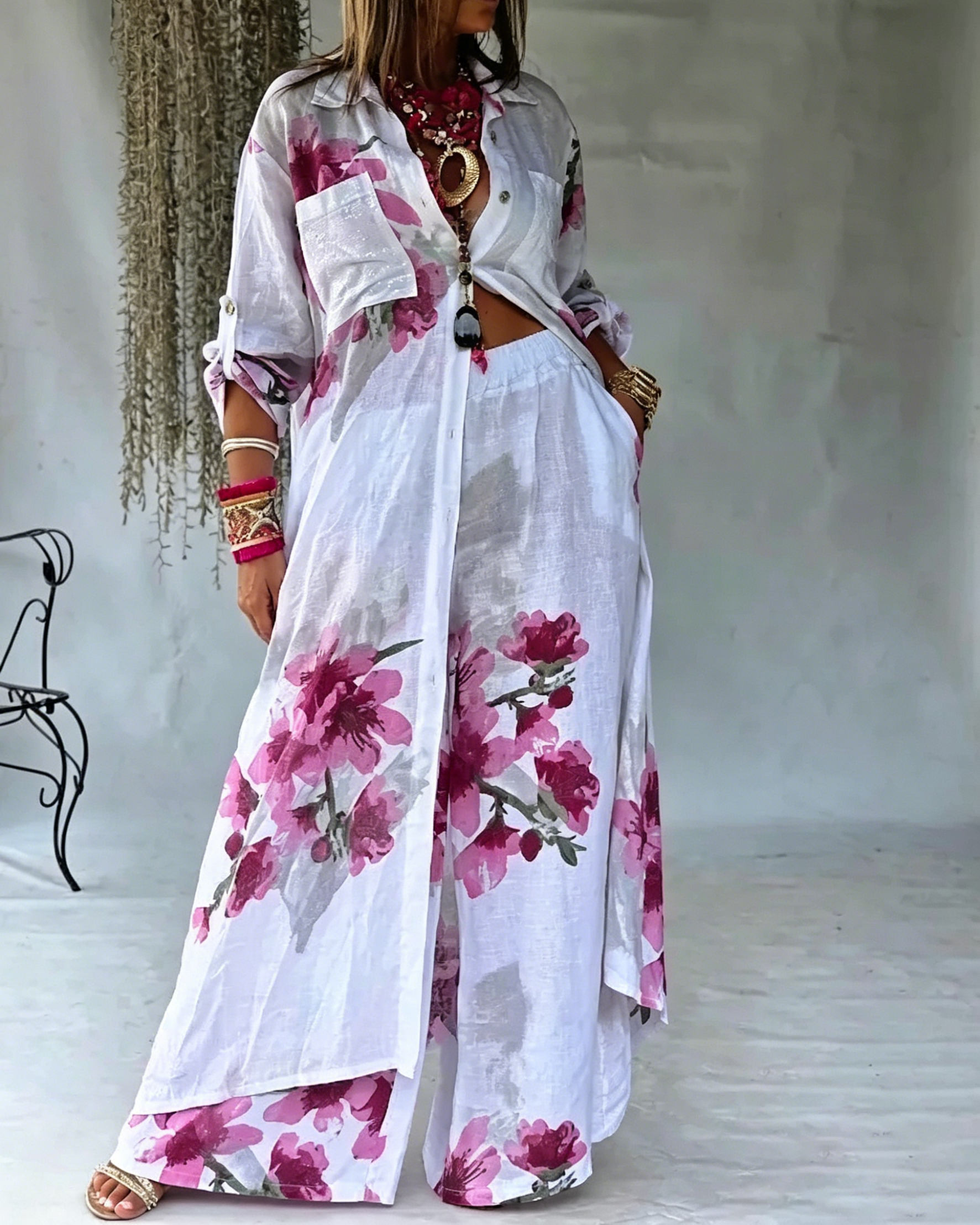 Women's Oversized Asymmetric Hem Floral Tunic Top & Loose Wide Leg Pants Vacation Set