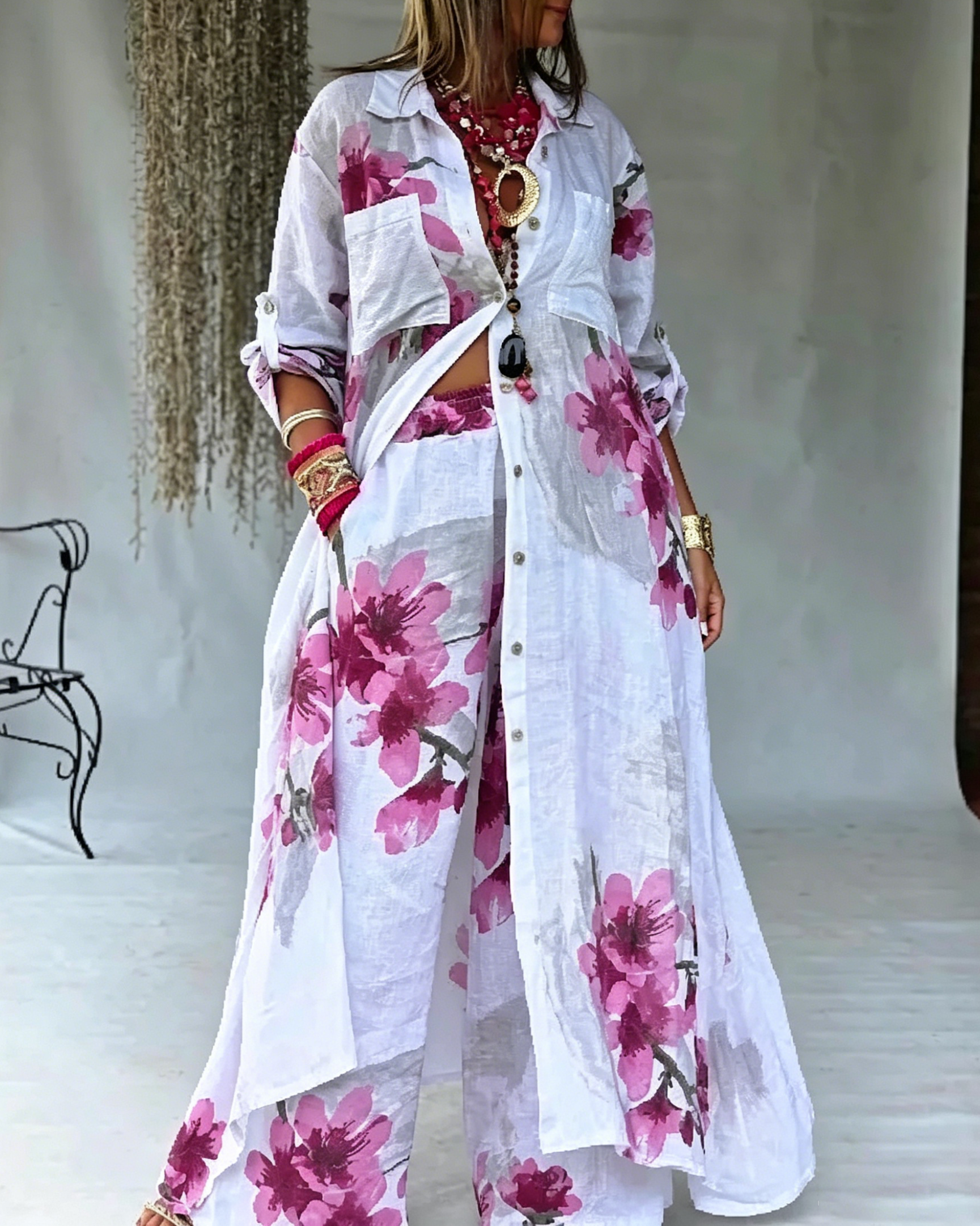Women's Oversized Asymmetric Hem Floral Tunic Top & Loose Wide Leg Pants Vacation Set
