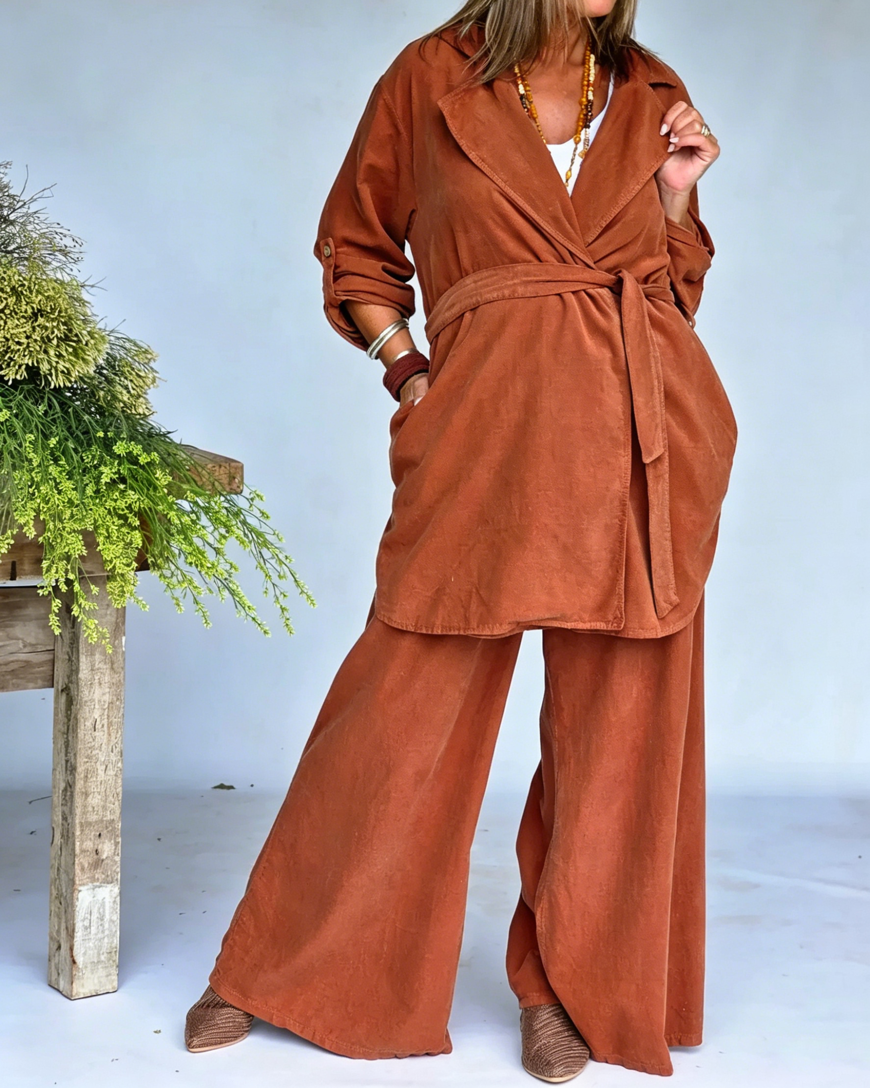 Women's Wrap Blazer Collar Belted Tunic Coat & Relaxed Fit Palazzo Pants Outfit Set