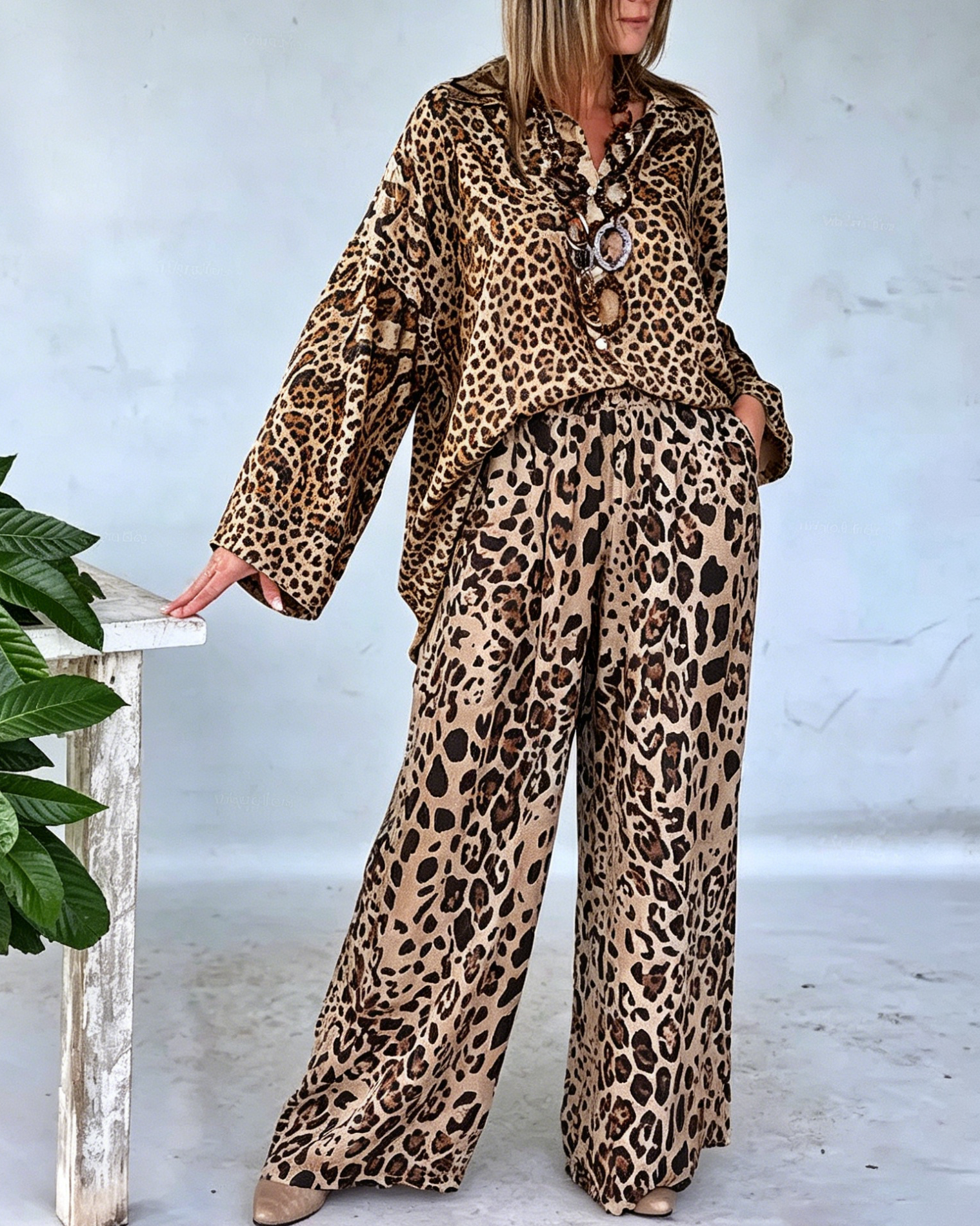 Women's Animal Leopard Print Silky Button Up Shirt & Drawstring Wide Leg Trouser Set