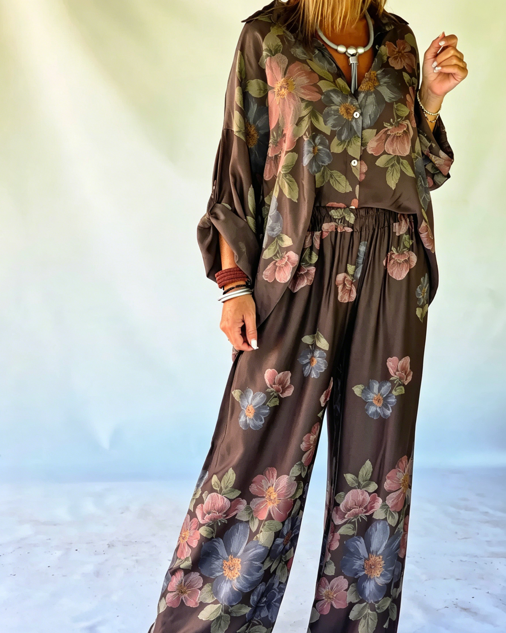 Women's Moody Vintage Big Floral Satin Shirt & Elasticated High Rise Wide Pants Set