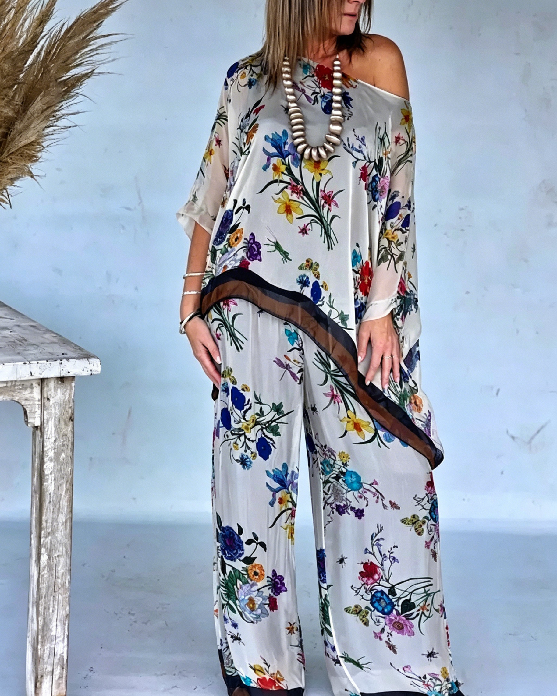 Women's Irregular Hem V-Neck Floral Linen Tunic Top Cropped Loose Fit Pants Set