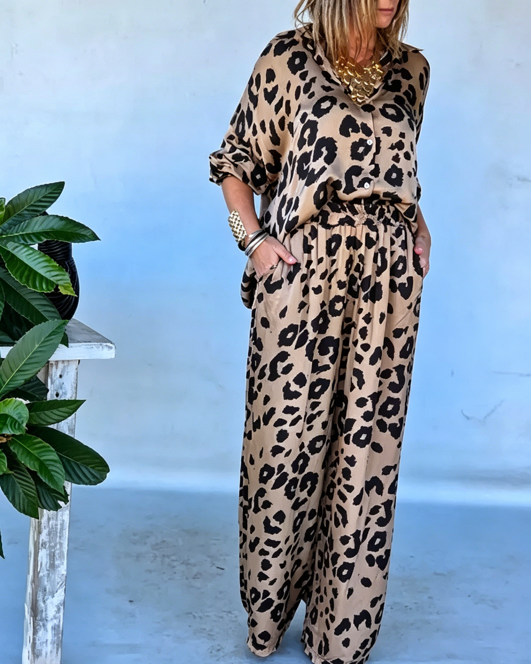 Women's Luxe Satin Leopard Print Oversized Shirt & Elastic High Waist Palazzo Pant Set