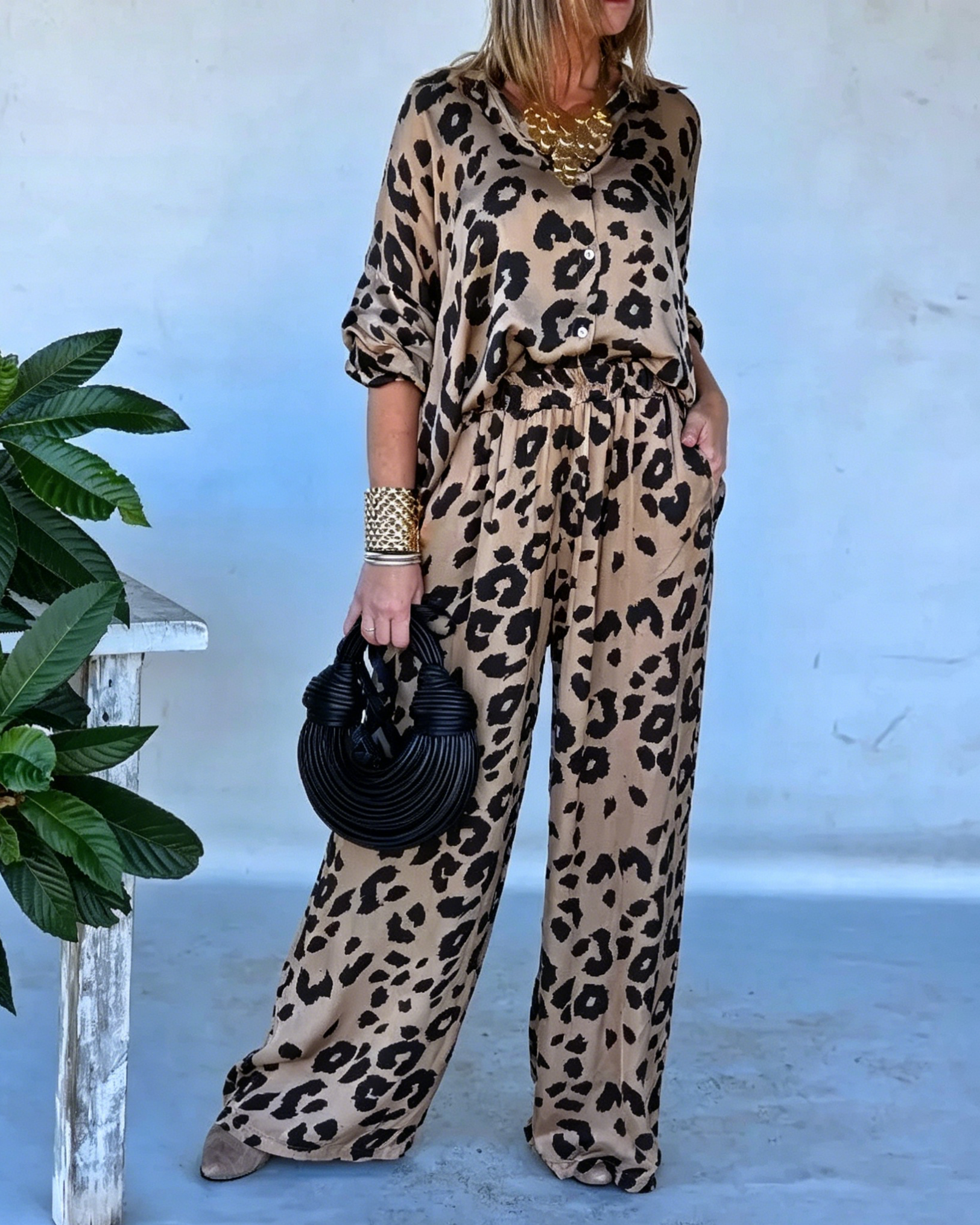 Women's Luxe Satin Leopard Print Oversized Shirt & Elastic High Waist Palazzo Pant Set