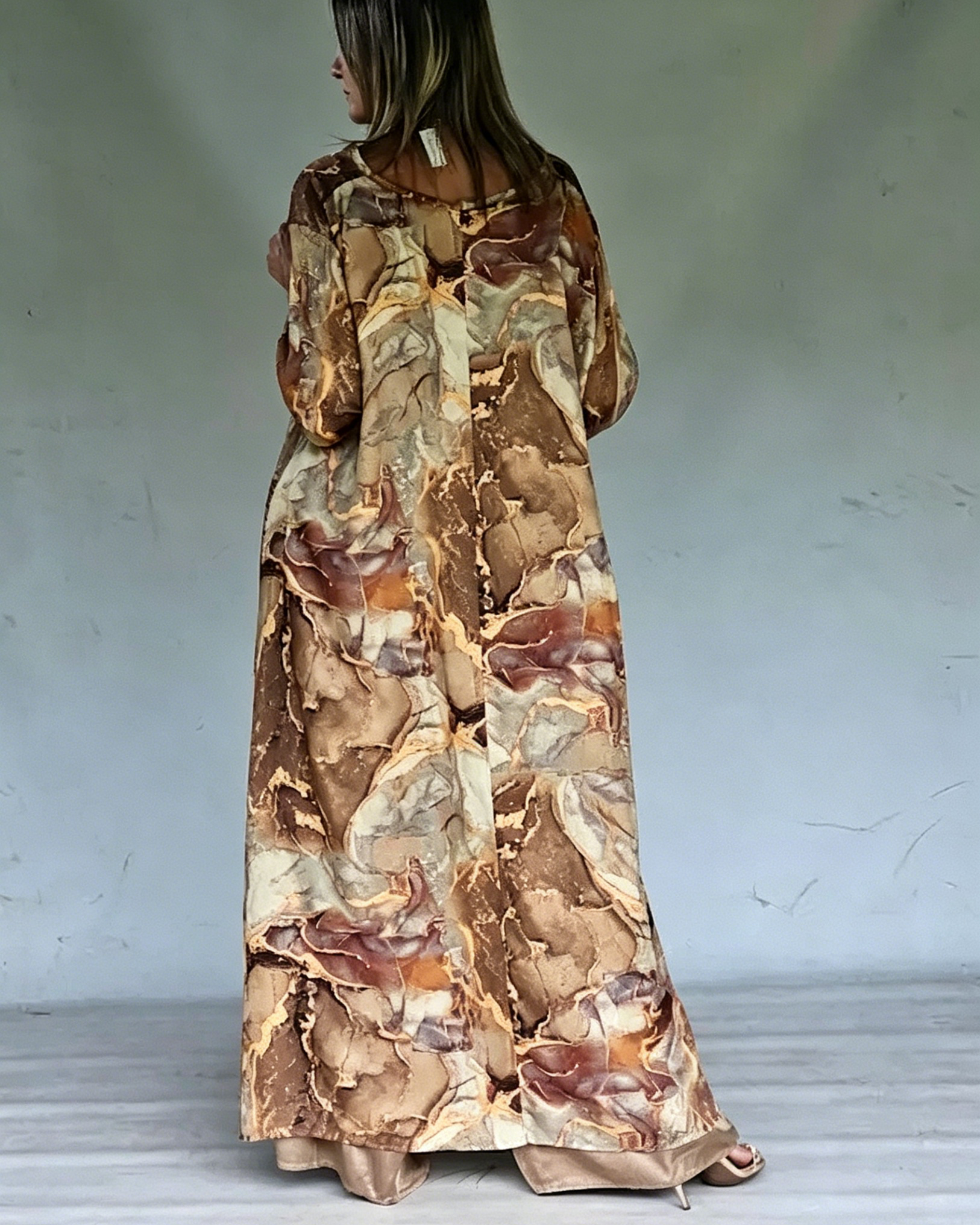 Women's Marble Abstract Print Split Front Long Tunic Top & Solid Wide Leg Pants Holiday Set