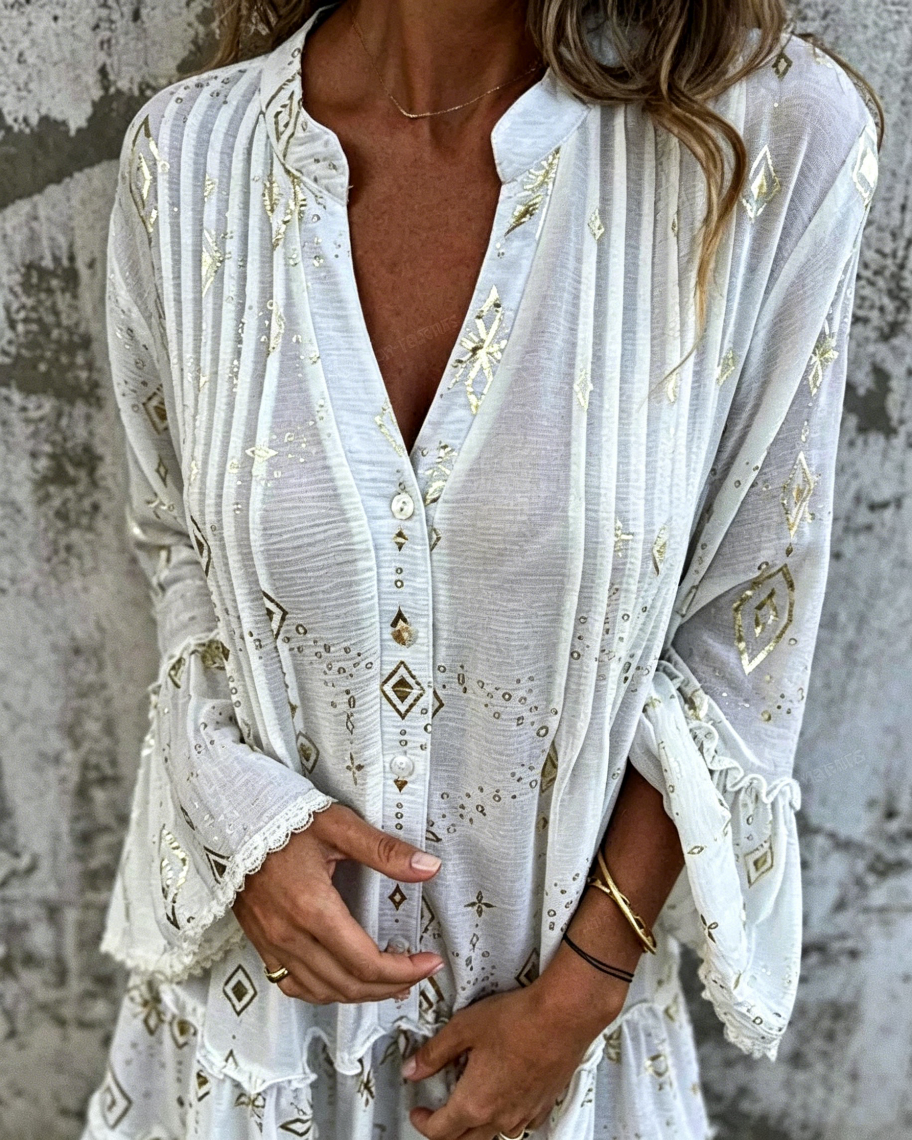 Women's Hot-stamping Pleated Bell Sleeve Ruffled Hem Boho Casual Tunic Dress