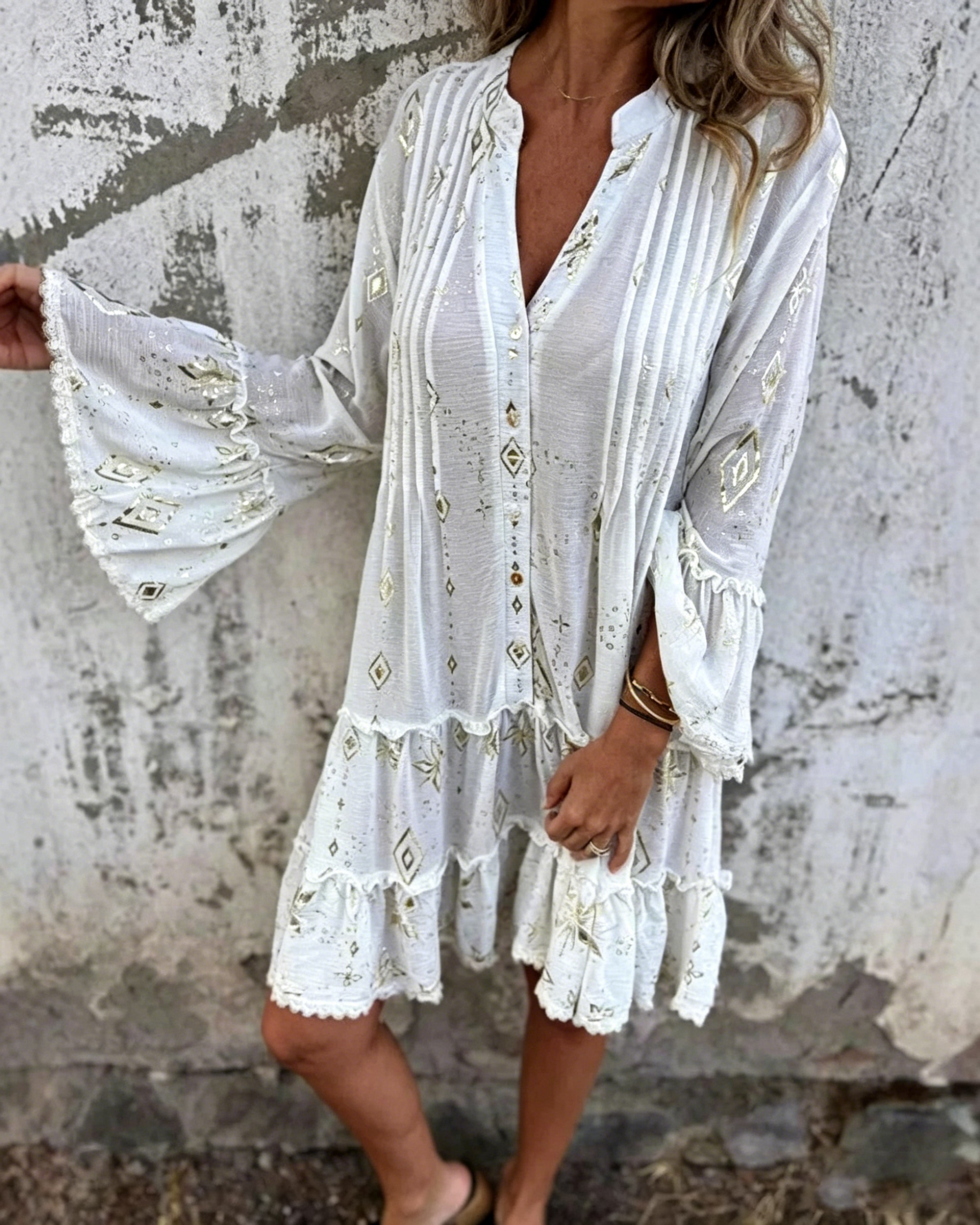 Women's Hot-stamping Pleated Bell Sleeve Ruffled Hem Boho Casual Tunic Dress