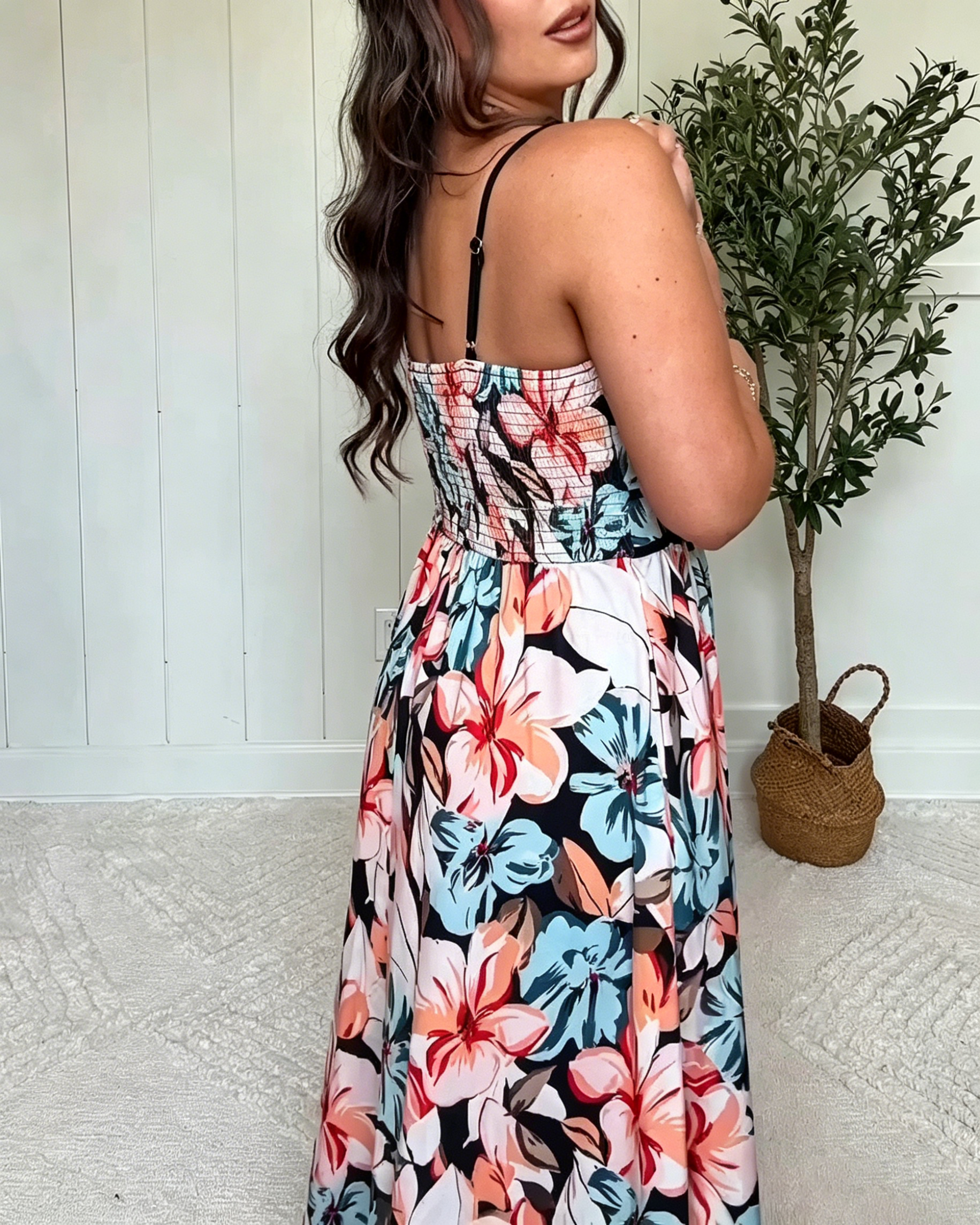 Women's Tropical Floral Tie Front Waist Pockets Spaghetti Strap Casual Maxi Dress